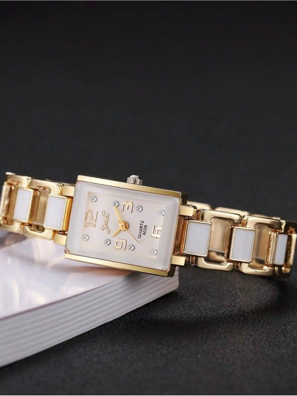 Gold and White Rectangular Bracelet Watch